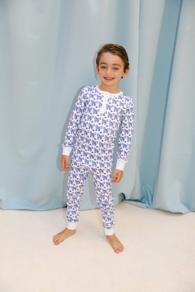 Pyjama ; pyjama enfant ; cosy ; bleu ; motif tigre bleu ; deux pièces ; pyjama deux pièces ; Brai